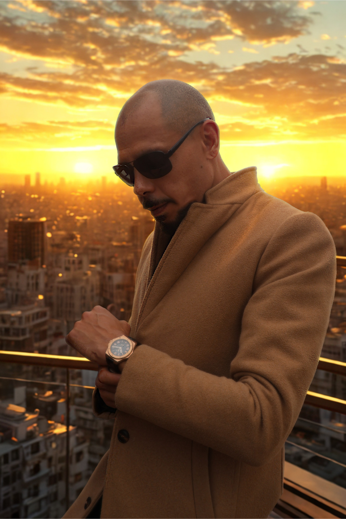 Man wearing VEMPIRE Onyx Gold Black watch at sunset overlooking a city skyline