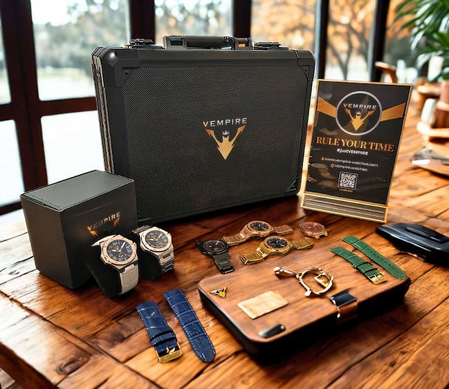 Vempire luxury watch collection set with packaging, straps and accessories displayed on wooden table