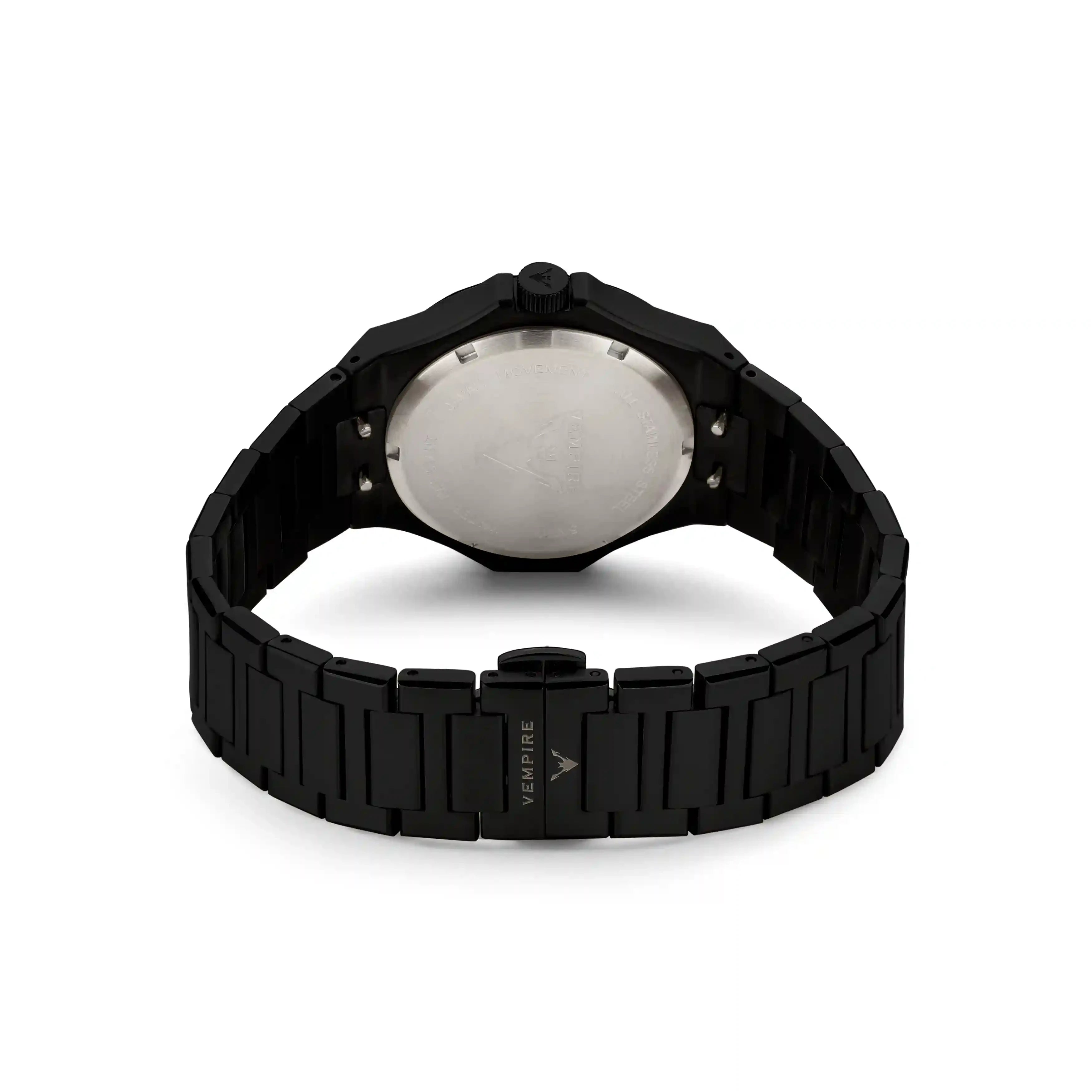Vempire Shadow black red steel watch back view on white background