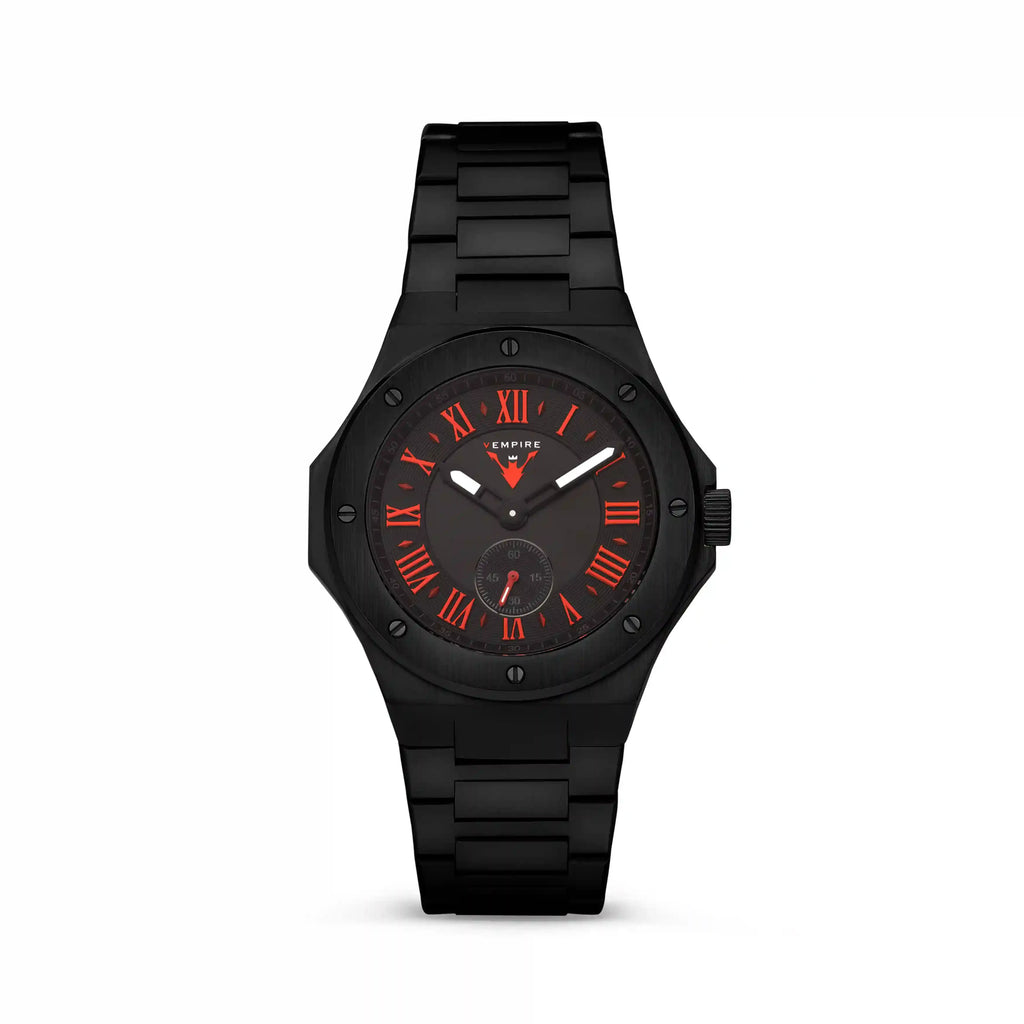 Vempire Shadow black red steel watch front view on white background