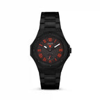 Vempire Shadow black red steel watch front view on white background